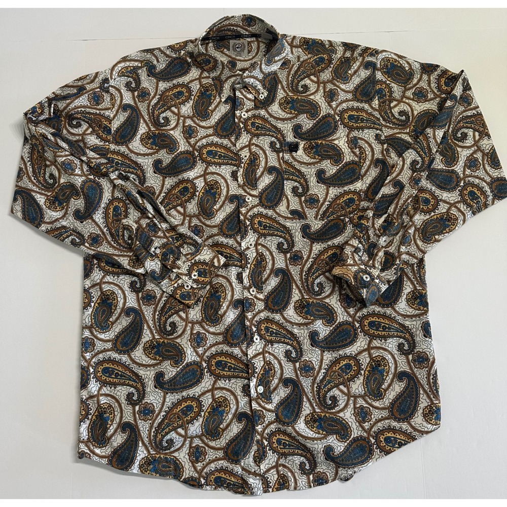 Cinch Mens Large Paisley Western Button Down Shirt Long Sleeve Blue Brown Tan